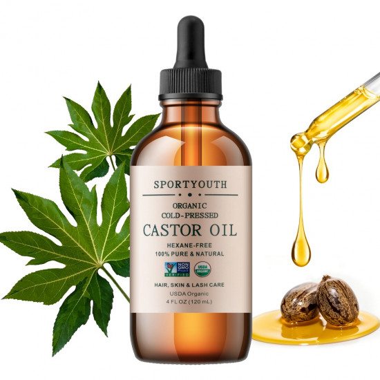SPORTYOUTH Organic Castor Oil, Made in USA, Glass Bottle with Dropper, Cold Pressed Hexane Free USDA Certified 100% Pure Castor Oil for Hair Growth Brows Eyelashes Skin Body Care - 4 fl oz