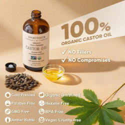 SPORTYOUTH ORGANIC CASTOR OIL, MADE IN USA, GLASS BOTTLE, COLD PRESSED HEXANE FREE USDA CERTIFIED 100% PURE CASTOR OIL FOR HAIR GROWTH BROWS EYELASHES FACE SKIN BODY CARE - 16OZ + 32OZ