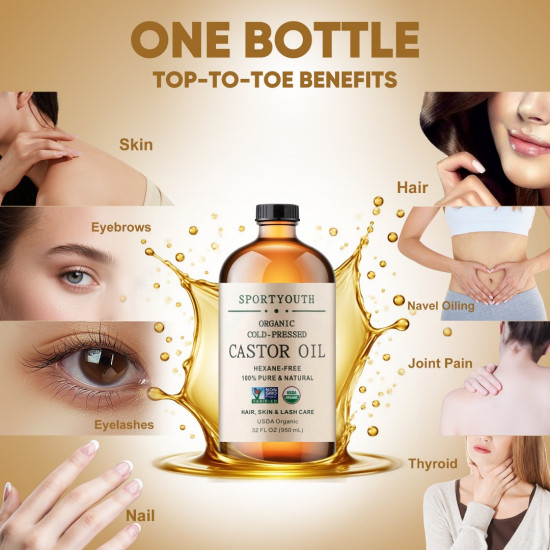 SPORTYOUTH ORGANIC CASTOR OIL, MADE IN USA, GLASS BOTTLE, COLD PRESSED HEXANE FREE USDA CERTIFIED 100% PURE CASTOR OIL FOR HAIR GROWTH BROWS EYELASHES FACE SKIN BODY CARE - 16OZ + 32OZ