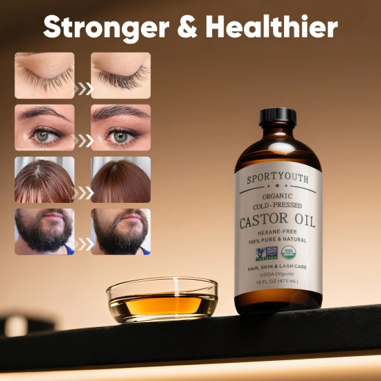 SPORTYOUTH ORGANIC CASTOR OIL, MADE IN USA, GLASS BOTTLE, COLD PRESSED HEXANE FREE USDA CERTIFIED 100% PURE CASTOR OIL FOR HAIR GROWTH BROWS EYELASHES FACE SKIN BODY CARE - 16OZ + 32OZ
