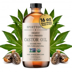 SPORTYOUTH Organic Castor Oil, Made in USA, 16 fl oz Big Glass Bottle, Cold Pressed Hexane Free USDA Certified 100% Pure Castor Oil for Hair Growth Brows Eyelashes Face Skin Body Care