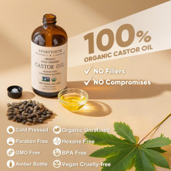 SPORTYOUTH Organic Castor Oil, Made in USA, 16 fl oz Big Glass Bottle, Cold Pressed Hexane Free USDA Certified 100% Pure Castor Oil for Hair Growth Brows Eyelashes Face Skin Body Care