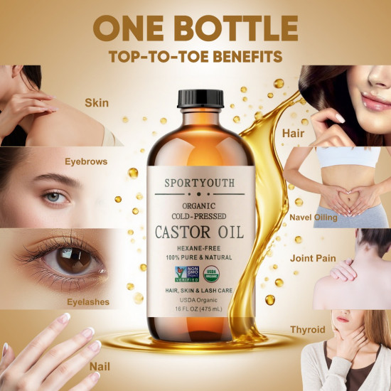 SPORTYOUTH Organic Castor Oil, Made in USA, 16 fl oz Big Glass Bottle, Cold Pressed Hexane Free USDA Certified 100% Pure Castor Oil for Hair Growth Brows Eyelashes Face Skin Body Care