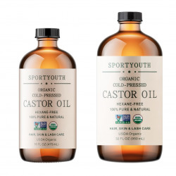 SPORTYOUTH ORGANIC CASTOR OIL, MADE IN USA, GLASS BOTTLE, COLD PRESSED HEXANE FREE USDA CERTIFIED 100% PURE CASTOR OIL FOR HAIR GROWTH BROWS EYELASHES FACE SKIN BODY CARE - 16OZ + 32OZ