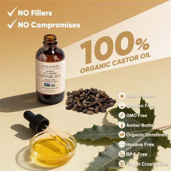 SPORTYOUTH Organic Castor Oil, Made in USA, Glass Bottle with Dropper, Cold Pressed Hexane Free USDA Certified 100% Pure Castor Oil for Hair Growth Brows Eyelashes Skin Body Care - 4 fl oz