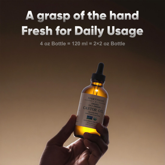 SPORTYOUTH Organic Castor Oil, Made in USA, Glass Bottle with Dropper, Cold Pressed Hexane Free USDA Certified 100% Pure Castor Oil for Hair Growth Brows Eyelashes Skin Body Care - 4 fl oz