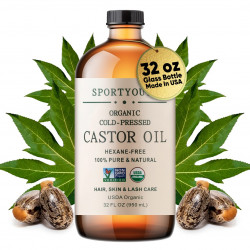 SPORTYOUTH Organic Castor Oil, Made in USA, 32 fl oz Big Glass Bottle, Cold Pressed Hexane Free USDA Certified 100% Pure Castor Oil for Hair Growth Brows Eyelashes Face Skin Body Care