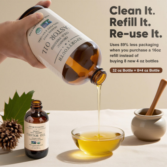SPORTYOUTH Organic Castor Oil, Made in USA, 32 fl oz Big Glass Bottle, Cold Pressed Hexane Free USDA Certified 100% Pure Castor Oil for Hair Growth Brows Eyelashes Face Skin Body Care