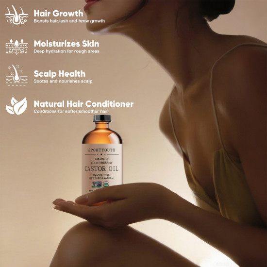 SPORTYOUTH Organic Castor Oil, Made in USA, 32 fl oz Big Glass Bottle, Cold Pressed Hexane Free USDA Certified 100% Pure Castor Oil for Hair Growth Brows Eyelashes Face Skin Body Care