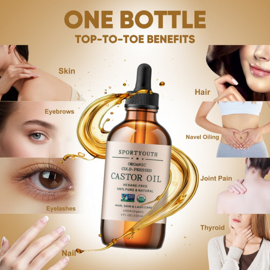 SPORTYOUTH Organic Castor Oil, Made in USA, Glass Bottle with Dropper, Cold Pressed Hexane Free USDA Certified 100% Pure Castor Oil for Hair Growth Brows Eyelashes Skin Body Care - 4 fl oz