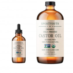 SPORTYOUTH ORGANIC CASTOR OIL, MADE IN USA, GLASS BOTTLE, COLD PRESSED HEXANE FREE USDA CERTIFIED 100% PURE CASTOR OIL FOR HAIR GROWTH BROWS EYELASHES FACE SKIN BODY CARE - 4oz + 32oz