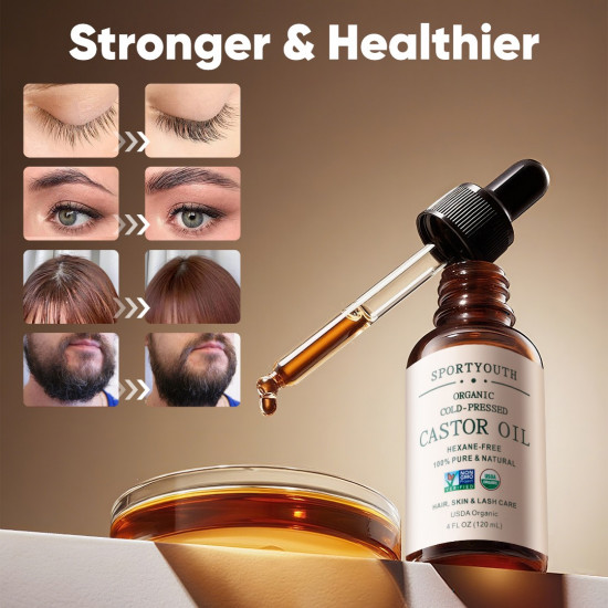 SPORTYOUTH Organic Castor Oil, Made in USA, Glass Bottle with Dropper, Cold Pressed Hexane Free USDA Certified 100% Pure Castor Oil for Hair Growth Brows Eyelashes Skin Body Care - 4 fl oz