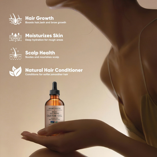 SPORTYOUTH Organic Castor Oil, Made in USA, Glass Bottle with Dropper, Cold Pressed Hexane Free USDA Certified 100% Pure Castor Oil for Hair Growth Brows Eyelashes Skin Body Care - 4 fl oz