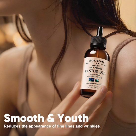SPORTYOUTH Organic Castor Oil, Made in USA, Glass Bottle with Dropper, Cold Pressed Hexane Free USDA Certified 100% Pure Castor Oil for Hair Growth Brows Eyelashes Skin Body Care - 4 fl oz